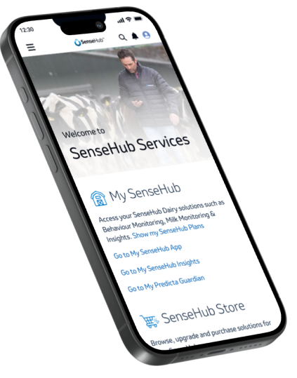 SenseHub Services banner with a mobile showing Services app and an image of a farmer surrounded by cows